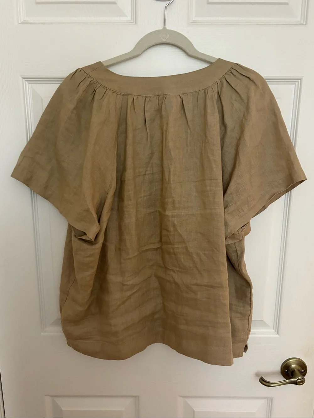 J. Crew Harvest Tan Linen V-Neck Flutter Sleeve Top